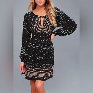 Black Long-Sleeve Smocked Waist Polka Dot Dress